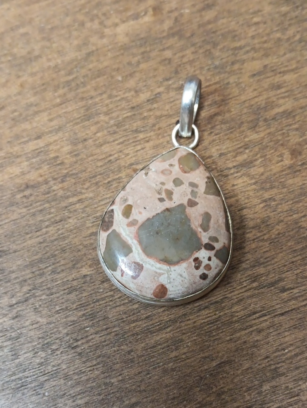Natural Jasper Teardrop Pendant in Beige and Gray